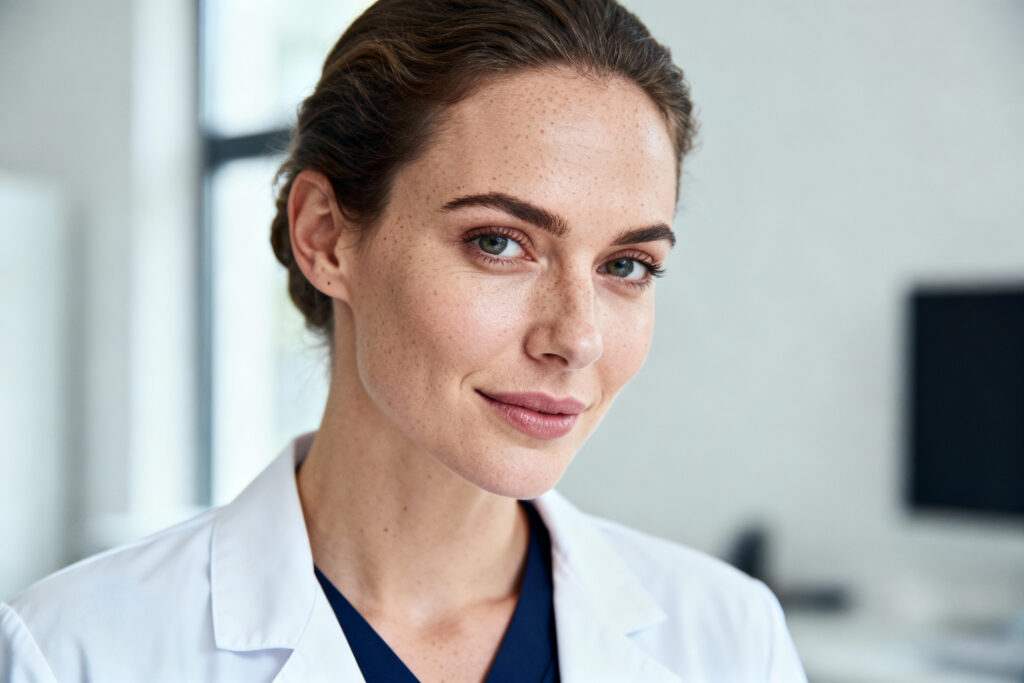Eine Frau in weißem Laborkittel und dunkelblauem Hemd steht in einem Haus und schaut mit neutralem Blick in die Kamera. Im Hintergrund ist ein unscharfer Computermonitor zu sehen.