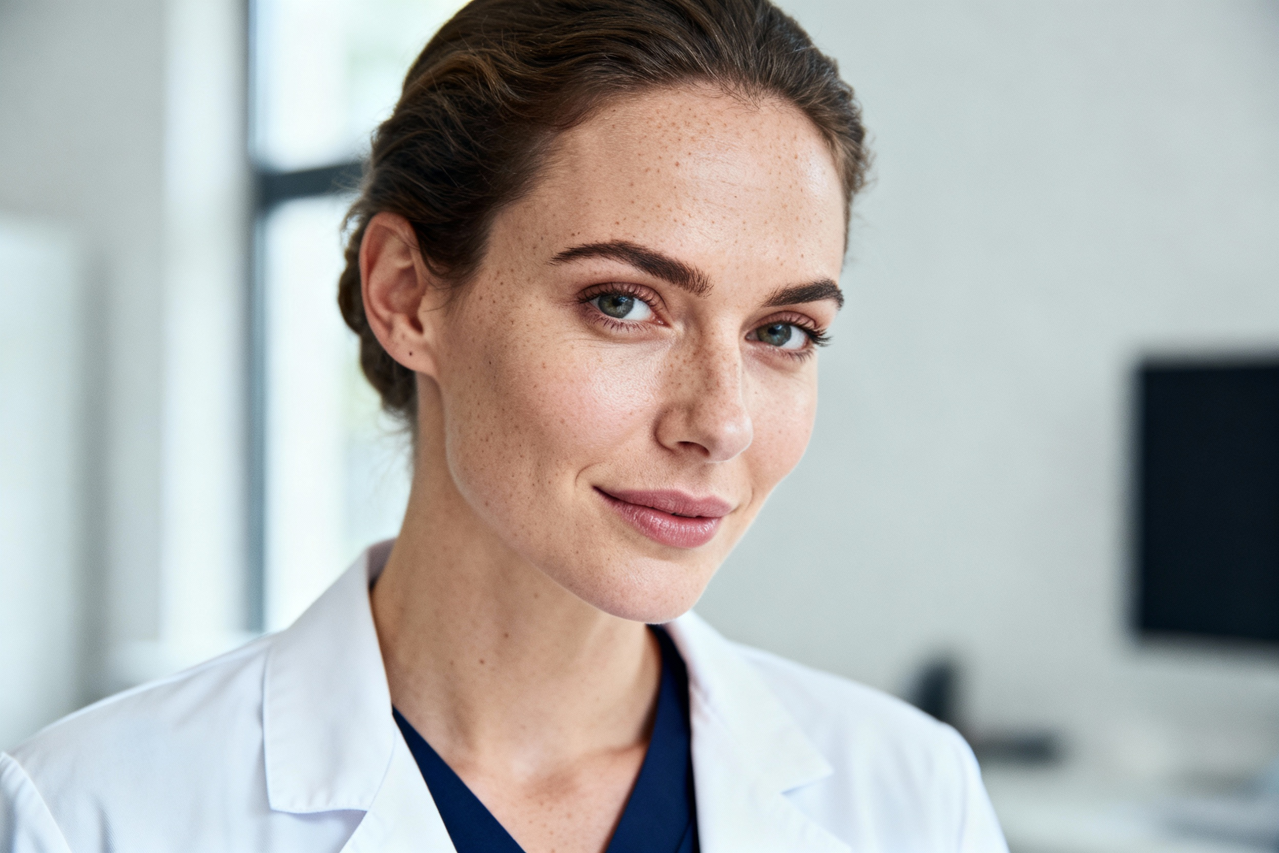 Eine Frau in weißem Laborkittel und dunkelblauem Hemd steht in einem Haus und schaut mit neutralem Blick in die Kamera. Im Hintergrund ist ein unscharfer Computermonitor zu sehen.