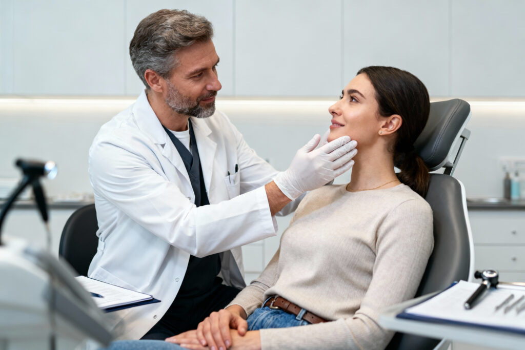 Ein männlicher Arzt in einem weißen Kittel untersucht den Kiefer einer Patientin, die auf einem Behandlungsstuhl in einem Klinikbüro sitzt.