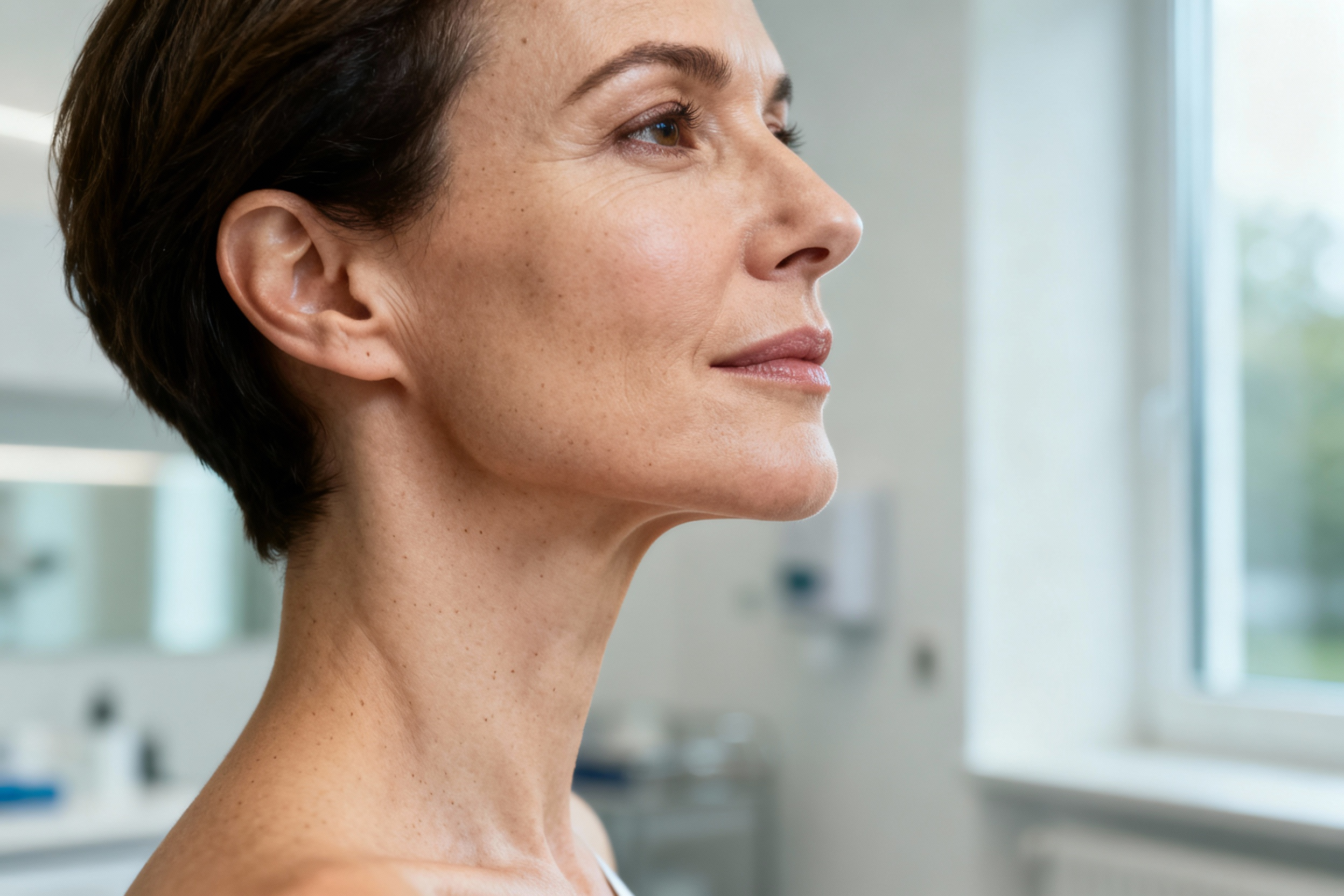 Frau mit kurzen braunen Haaren und heller Haut im Profil, steht in einem Innenraum in der Nähe eines Fensters und blickt mit neutralem Blick nach vorn.
