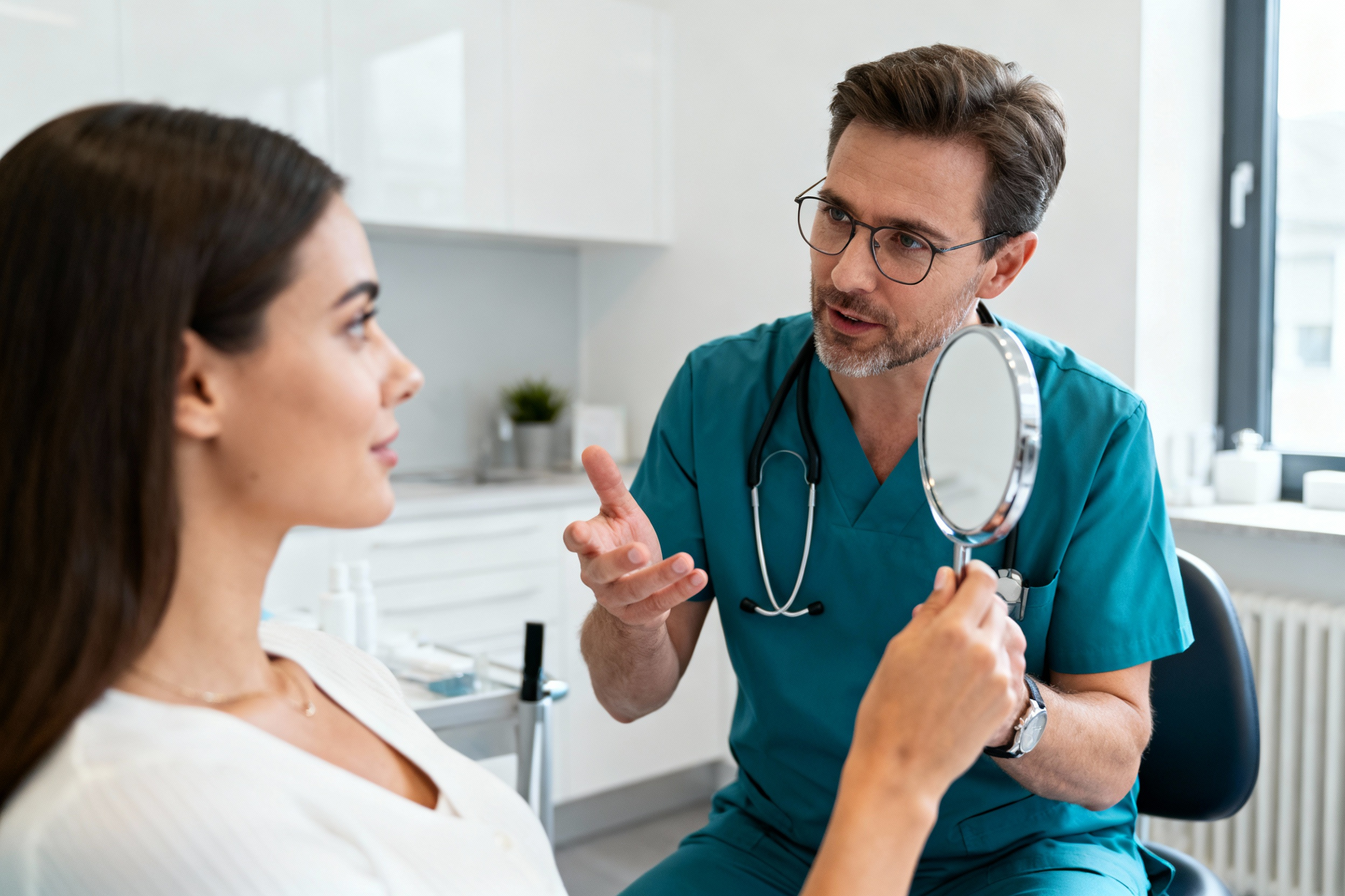Ein Arzt im Kittel spricht mit einer Frau, die einen Spiegel hält, während einer Konsultation in einer Arztpraxis.
