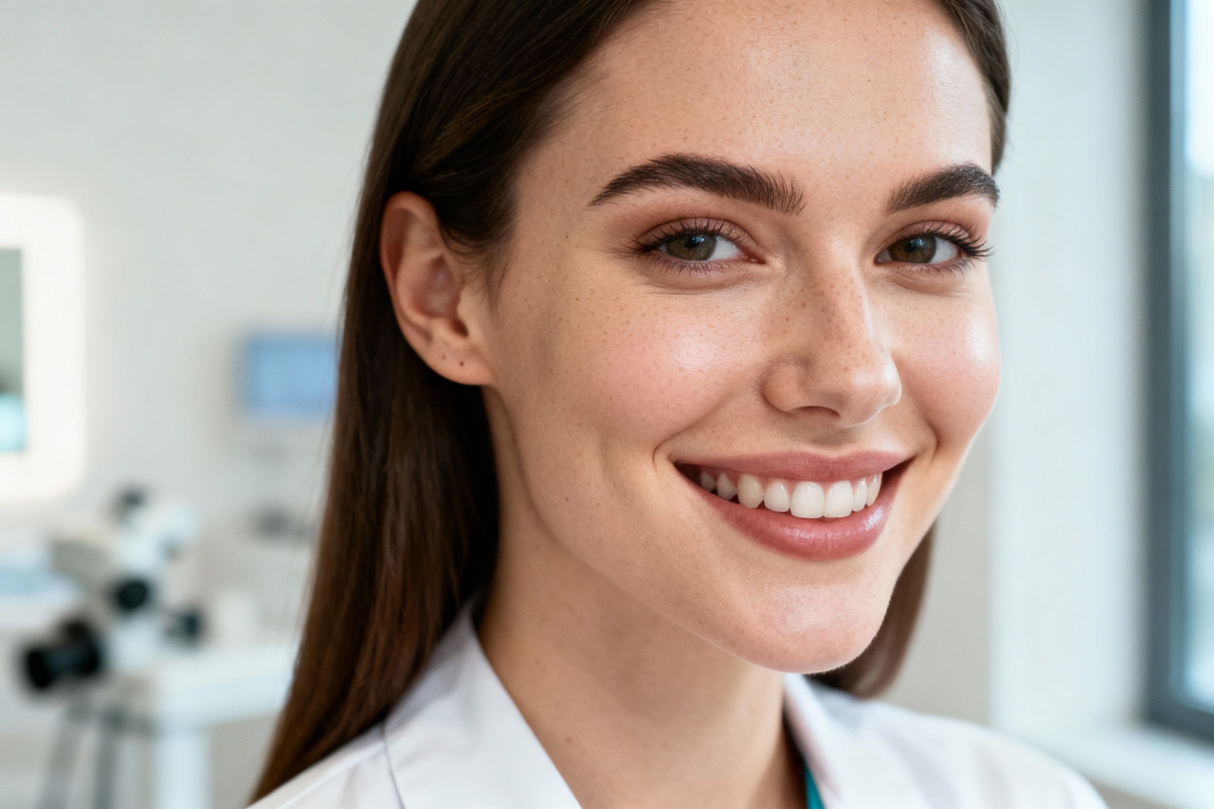 Eine junge Frau mit langen braunen Haaren und heller Haut lächelt in einer hellen Innenumgebung in die Kamera.