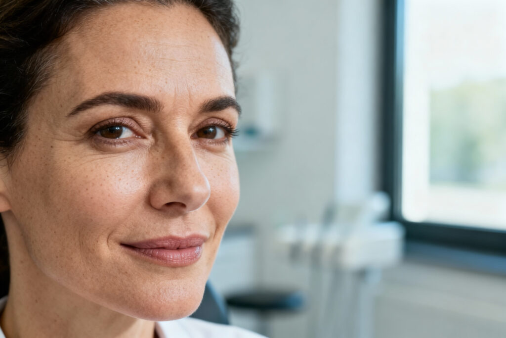 Eine Frau mit braunem Haar und heller Haut schaut in die Kamera und lächelt leicht. Sie befindet sich in einem Innenraum in der Nähe eines Fensters mit zahnärztlicher Ausrüstung im unscharfen Hintergrund.
