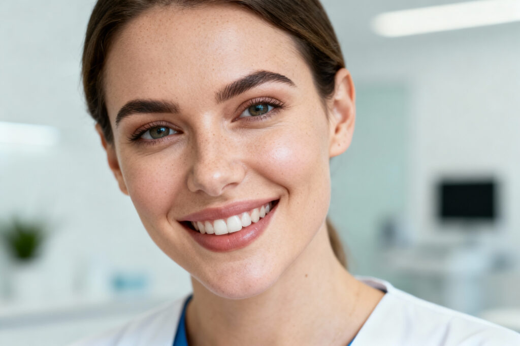 Eine junge Frau mit braunem Haar und weißem Mantel lächelt in einer hellen, modernen Inneneinrichtung in die Kamera.