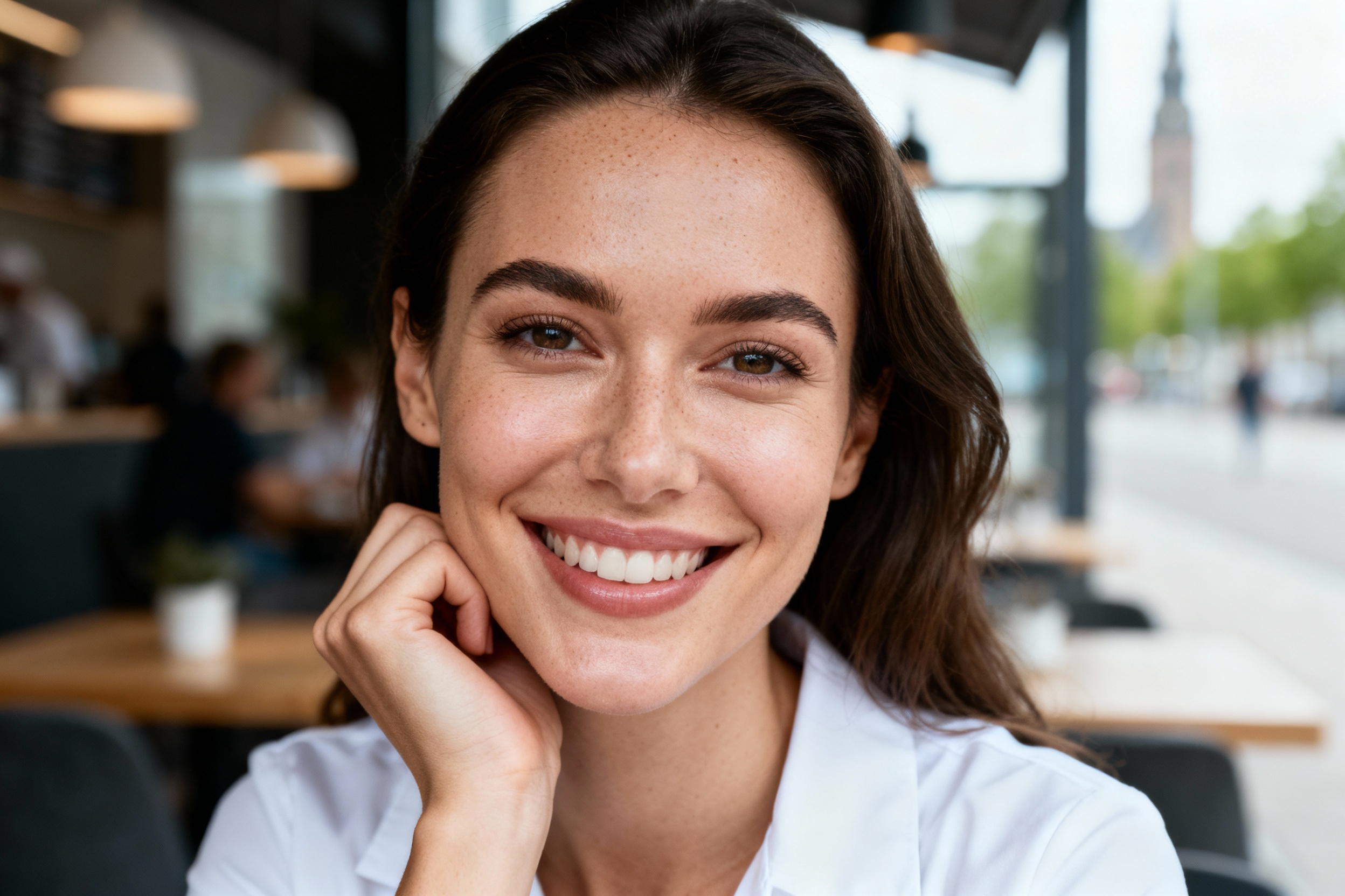 Eine Frau mit langen braunen Haaren und einem weißen Hemd sitzt lächelnd an einem Tisch in einem hellen, modernen Café.